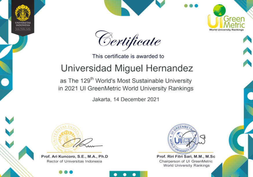 La UMH asciende al puesto 7 de las universidades españolas con mayor índice de sostenibilidad ambiental, según el GreenMetric Ranking